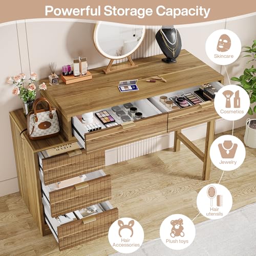 Tribesigns Makeup Vanity Desk with 5 Drawers, Modern Small Dressing Desk with Storage, Wood Make Up Table for Bedroom, Narrow Space (Without Mirror), Walnut Brown Tribesigns