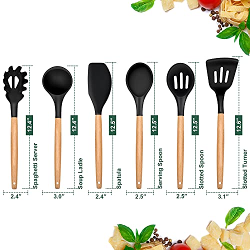 E-far Cooking Utensils Set of 6, Silicone Kitchen Utensils with Wooden Handle, Non-stick Cookware Friendly & Heat Resistant, Includes Spatula/Ladle/Slotted Turner/Serving Spoon/Spaghetti Server(Black) E-far