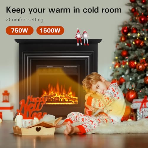 R.W.FLAME Electric Fireplace Mantel Wooden Surround Firebox, 36" Black TV Stand with Freestanding Electric Fireplace,Remote Control, Adjustable Led Flame, 750W/1500w R.W.FLAME