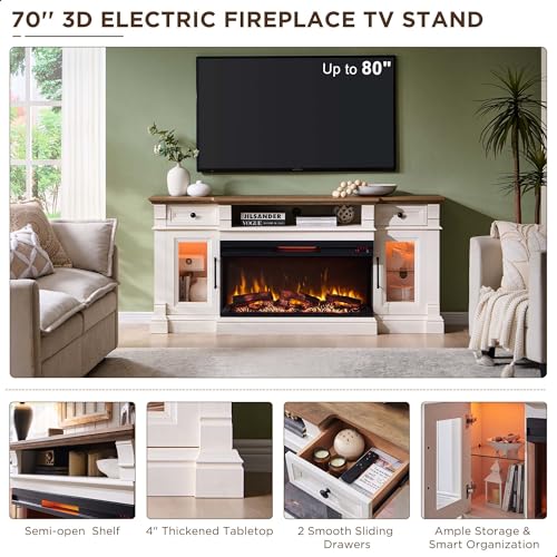 OKD 70" Fireplace TV Stand with 36" 3-Sided Glass Electric Fireplace & LED Lights, Modern Farmhouse Entertainment Center for TVs up to 80", Media Console w/Storage Drawer & Glass Door, Antique White OKD