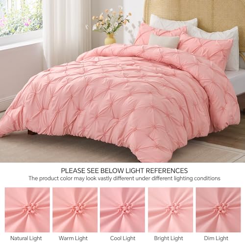 BEDELITE Pink King Size Comforter Set - 3 Pieces Boho Pintuck Bedding Comforter Sets, Lightweight Soft & Warm King Bedding Set with 2 Pillowcases for All Season BEDELITE