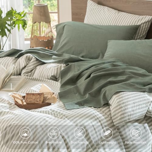 MooMee Bedding Sheet Set 100% Washed Cotton Linen Like Textured Breathable Durable Soft Comfy (Heathered Green, King) MooMee