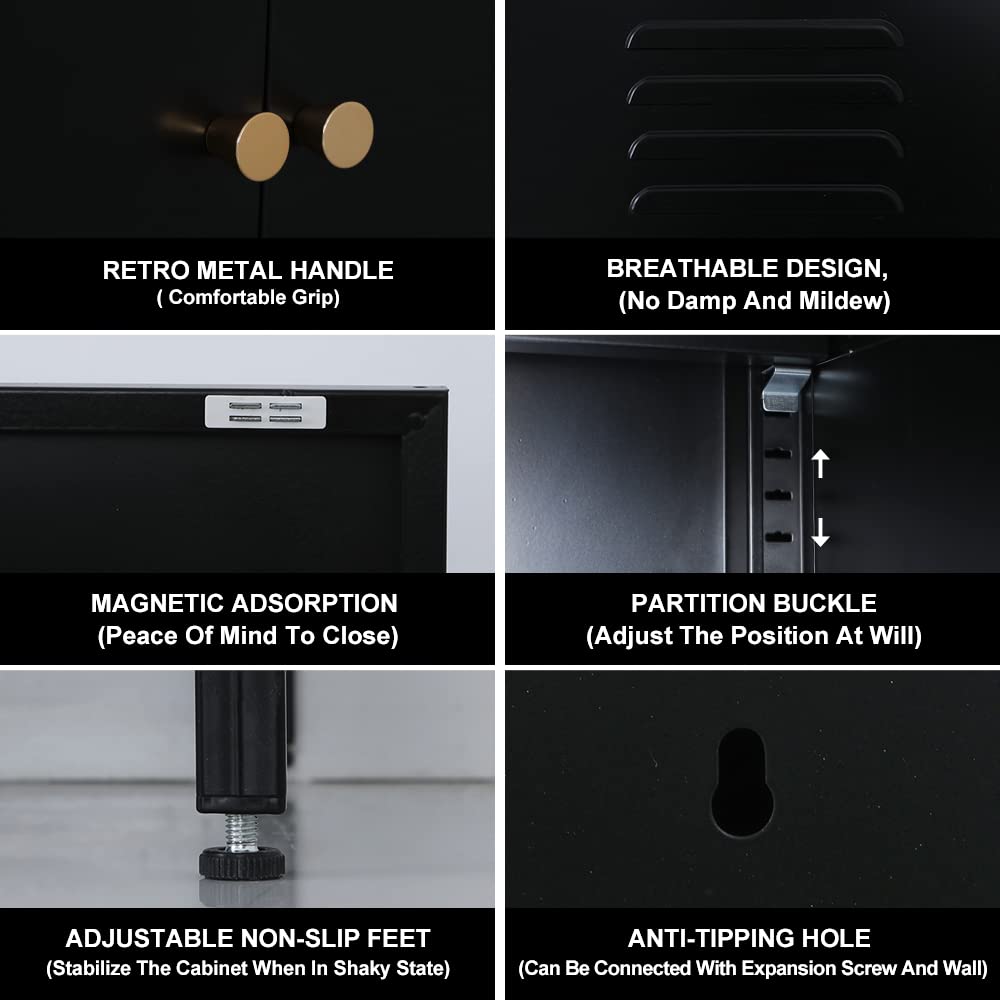 WISUNO Metal Accent Storage Cabinet for Bed Room,Living Room,Home,Hotel,Office,Garage,2-Tier, Removable Shelf (2 Door Accent Cabinet, Black) WISUNO