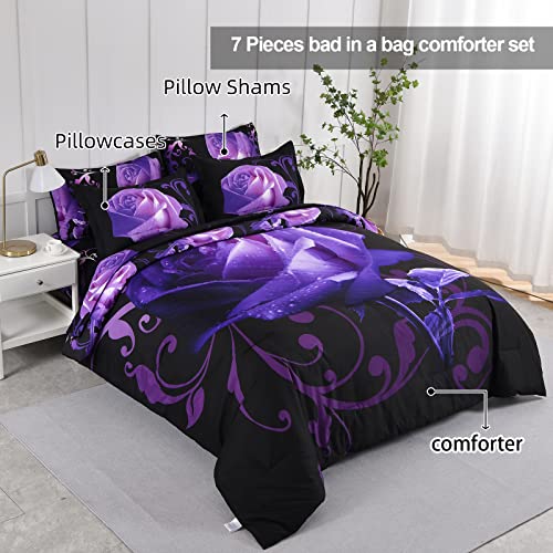Xruibed Floral Comforter Set Full 7 Piece Bed in a Bag Purple Rose Flower Comforter with Sheet Set Soft Micorfiber Bedding Set (1 Comforter,2 Pillow Shams,1 Flat Sheet,1 Fitted Sheet,2 Pillowcases) Xruibed