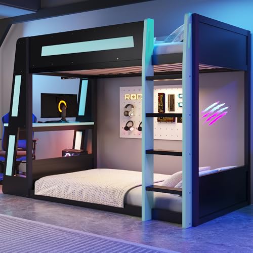 Twin Over Twin Gaming Bunk Bed with Desk and USB and LED Light, Twin Size Wooden Loft Bed Frame with Storage Shelves, Ladder, for Kids Boys Teens Adults, Space Saving (Black+Blue) Harper & Bright Designs