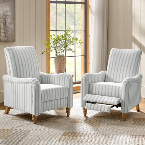 HULALA HOME Farmhouse Recliner Chairs Set of 2 with Solid Wood Spindle Legs, Striped Push Back Recliner Armchairs with Adjustable Backrest & Footrest, Comfy High Back Lazyboy Single Sofas, Blue
