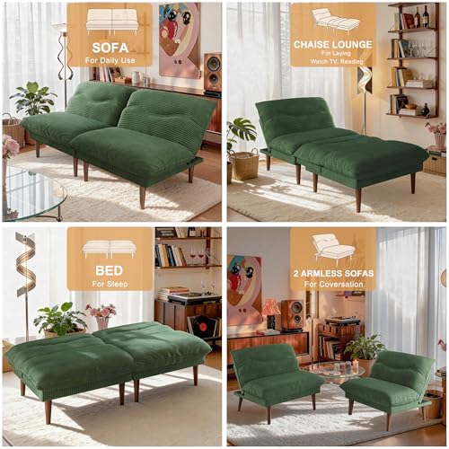 DreamDashio Futon Sofa Bed, 4 in 1 Multi-Functional Futon Couch with Adjustable Backrest, 75 inch Convertible Sleeper Sofa Bed and Recliner Lounge, Corduroy Loveseat for Living Room, Apartment, Green DreamDashio