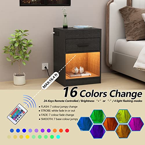 Auromie Nightstand with Charging Station and LED Lights, Concealment Furniture with RFID Lock Cabinet and Power Outlets, Bedside Table with Hidden Compartment for Valuables Storage, Black Auromie