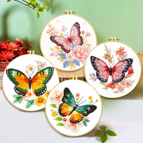 LSLFQYQSK Beginners Embroidery Kits - Butterfly DIY Cross Stitch Kits,Including,Stamped Flower Patterns,Hoop,Color Threads,Tools (Style B)