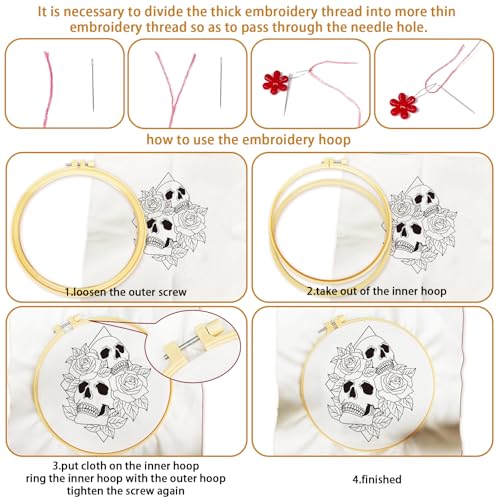 BEUNITONE 4 Set Skull Embroidery kit for Beginners Flower Starter Kits Halloween Skull with Flowers DIY Needlepoint Kit for Adults with Instruction Rose Skull Handmade Embroidery Kits for Gifts