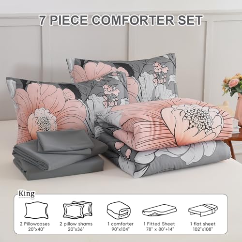 Xruibed King Comforter Set 7 Pieces Grey Floral Comforter Set King Size Bed in a Bag Flower Bedding Sets Lightweight Boho Bed Set with Sheet,Pillowcases&Shams for All Season Xruibed