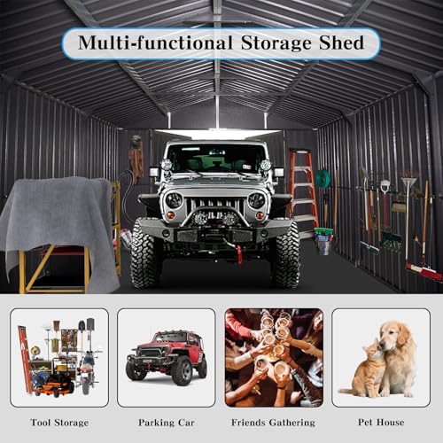 Domi 12x15FT Outdoor Metal Garage Shed, Extra Large Carport with Skylights & Dual-Entry, Backyard Storage Shed for Car, Truck, Lawn Mower and Tool, Dark Grey domi outdoor living