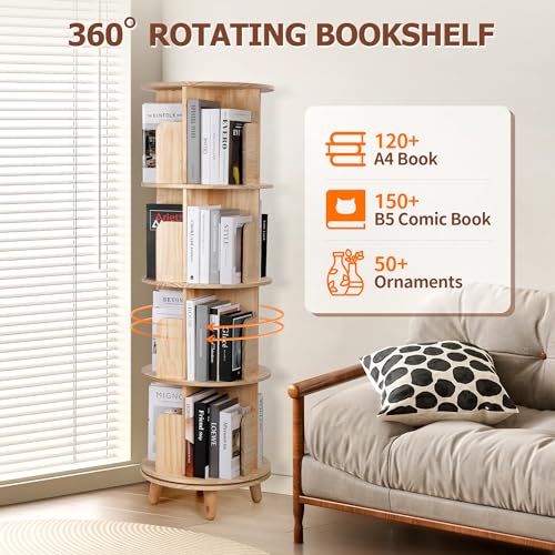 Rengue 4-Tier 360° Rotating Bookshelf Tower - Solid Wood Corner Organizer in Natural Finish Rengue