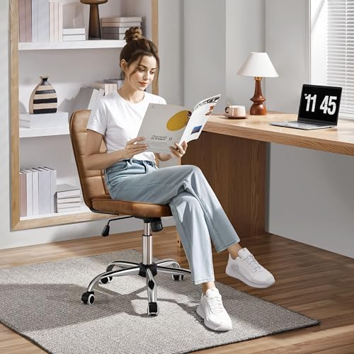 Yaheetech Armless Desk Chair Modern Tufted Office Chair Faux Leather Upholstered Computer Chair with Adjustable Seat Height and Rolling Wheels for Home/Office, Retro Brown Yaheetech