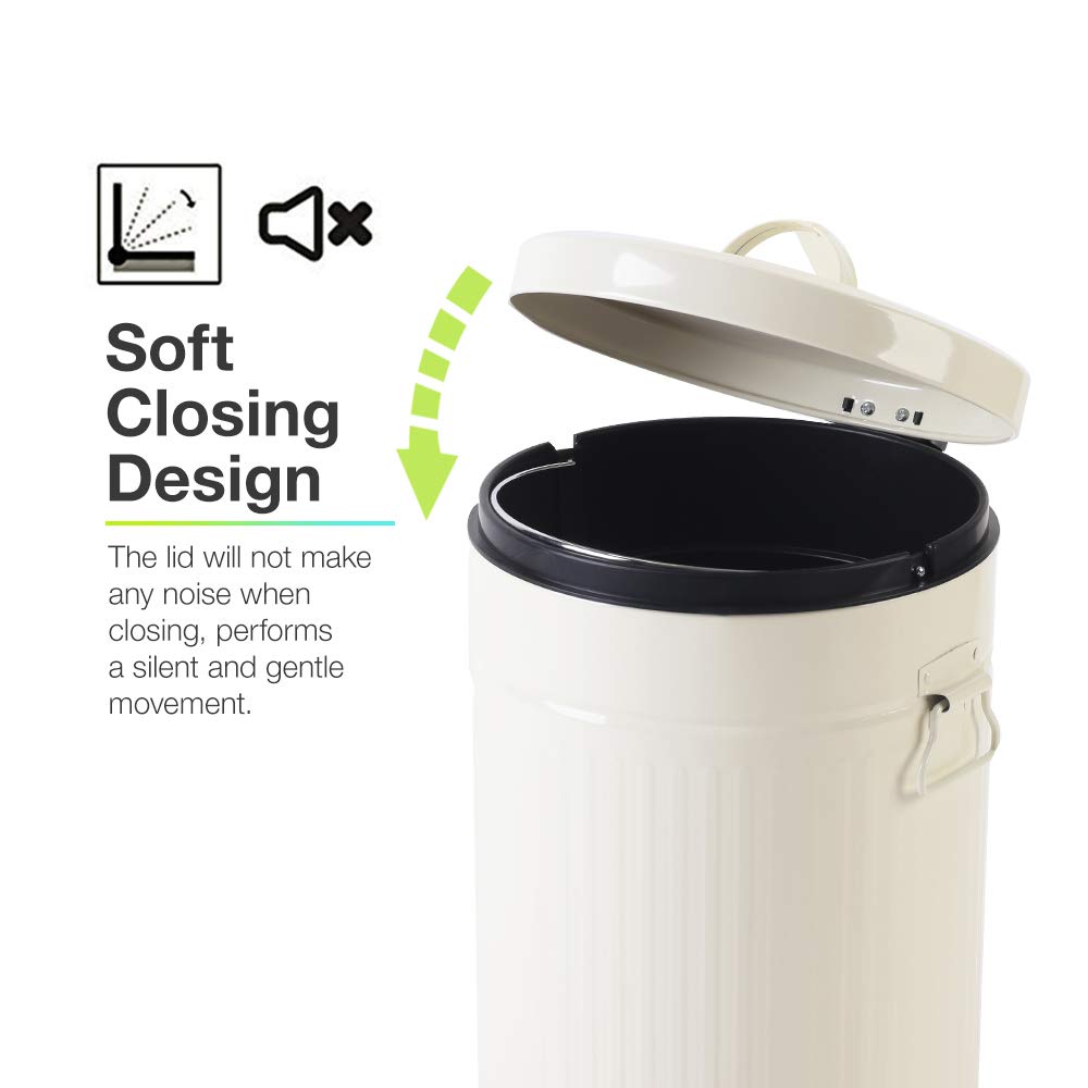 White Trash Can with Lid, White Bathroom Bedroom Waste Basket Soft Close, Small White Garbage Can, Retro Vintage Home Office Trash Can, 12 Liter/3 Gallon, Glossy Cream White mingol