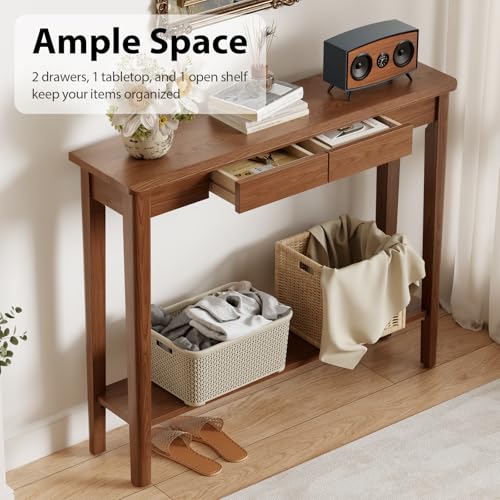 AQIMUELE Wood Console Table with Drawers, Mid Century Modern Console Table Walnut for Entryway, Living Room, Hall Way. AQIMUELE