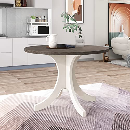 Merax Mid-Century 5-Piece Round Dining Table Set for 4, Solid Wood Kitchen Table with Upholstered Chairs for Small Spaces, Brown Table and Gray Chairs Merax