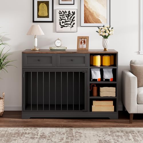 IDEALHOUSE 47” Large Dog Crate, Dog Kennel Indoor with 2 Drawers and 4 Shelves, Dog Crate Furniture TV Stand, Wooden Dog Cage for Medium Large Dogs, Black IDEALHOUSE
