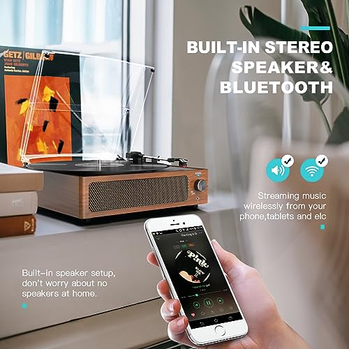 WOCKODER Vintage Record Players for Vinyl with Speakers Belt-Driven Retro Turntable for Vinyl Records Support 3-Speed, Bluetooth Playback, AUX-in, Headphone, RCA All-in-on LP Vinyl Players Brown WOCKODER
