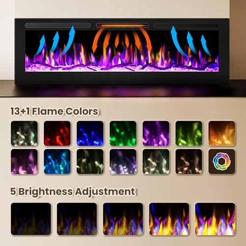 Riseon 36''Smart WiFi Electric Fireplace Heater,Recessed and Wall Mounted Freestanding Linear Fireplace,Ultra-Thin Wall Fireplace with 13 Adjustable Flame Color & 5 Brightness,Remote Control,1500/750W Riseon