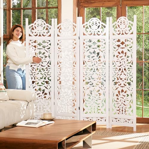5.75Ft Room Divider Wood Screen, 33Lbs Durable MDF Carved Rustic Style Headboard, Reversible Freestanding Folding Partition Paravent for Home, 69 * 71 inch(H*W) - 4 Panels (Rustic White) Svimi