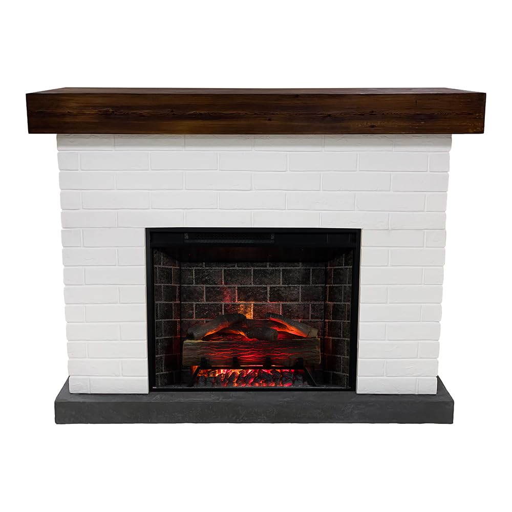 Country Living Jackson 55 Inch Mantel Package | Wood Mantel with White Brick Surround | 28 Inch Smart Electric Fireplace Insert w/Remote | Alexa & Google Compatible | Multi-Color LED Flames | 1500W Country Living