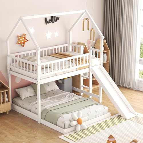 SOFTSEA House Bunk Bed with Slide, Twin Over Full Wooden Bunk Bed Frame with Full-Length Guardrail and Built-in Ladder, for Bedroom, No Box Spring Needed, White SOFTSEA