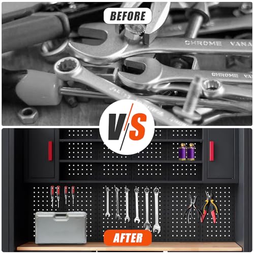 HPDMC Garage Storage Cabinet System 9-Pcs Workshop Set Garage Cabinets and Storage System with Steel Cabinet Drawers, Rolling Chest, Workbench, Pegboard for Garage Tool Organization, Black and Red HPDMC