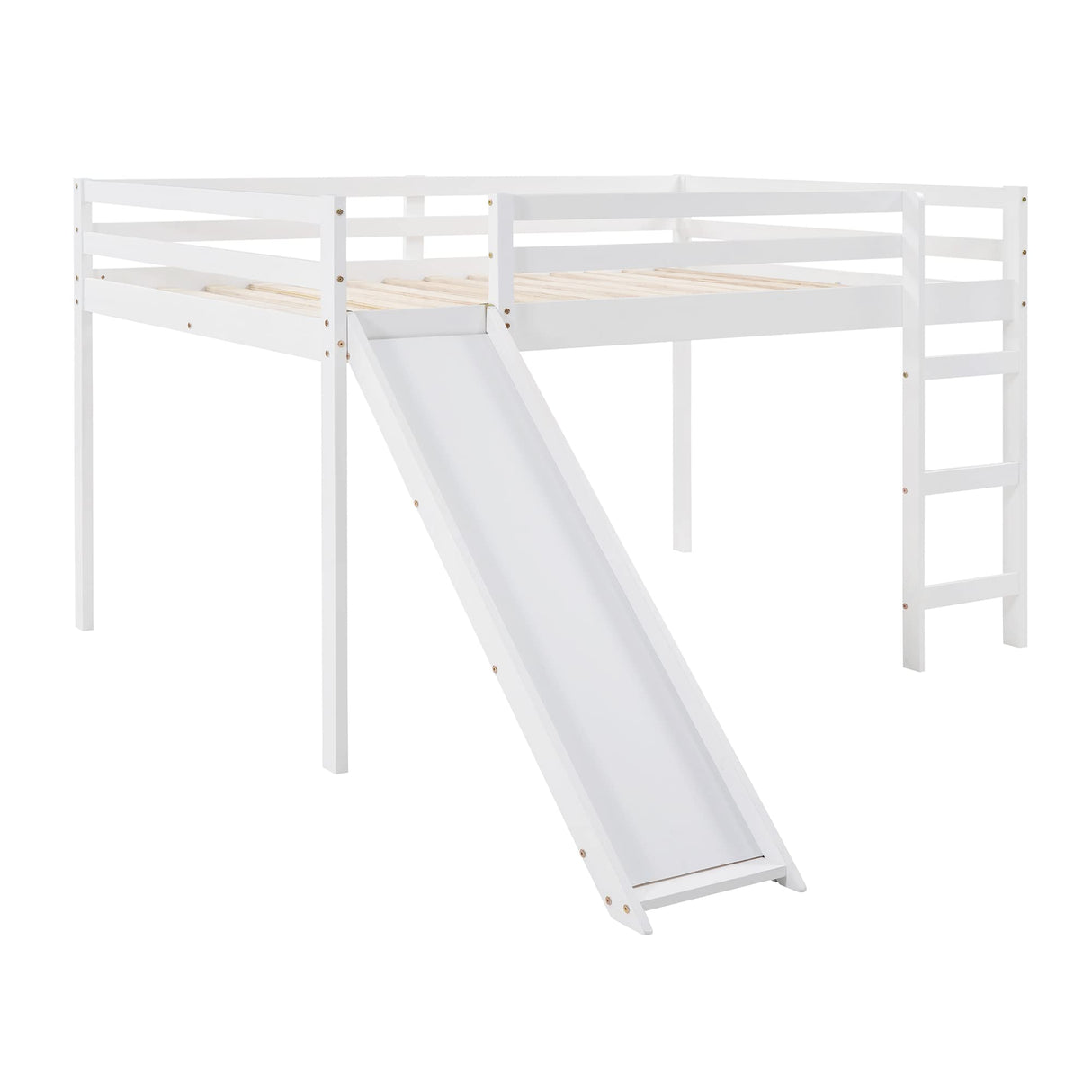 Full Size Loft Bed with Slide, Low Loft Bed with Ladder & Safety Rail, Wooden Full Loft Bed Frame for Kids Teens Girls & Boys, No Box Spring Needed, Easy Assemble (Full, White) Harper & Bright Designs
