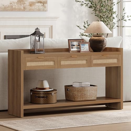 SICOTAS 60" Rattan Console Table for Entryway - Farmhouse Entry Table Sofa Table with 3 Drawers, Narrow TV Console Table with Storage for Living Room, Hallway, Couch, Foyer SICOTAS