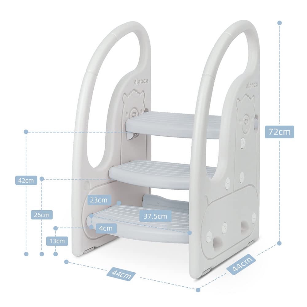 Toddler 3 Step Stool Onasti Kids Standing Tower for Toddlers Plastic Learning Helper Stool for Kitchen Counter Bathroom Sink Toilet Potty Training with Handles and Non-Slip Pads-Grey White Onasti