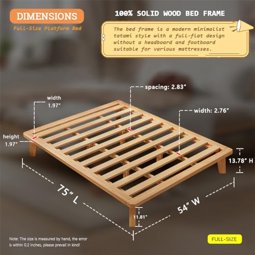 NELYE Full Platform Bed Base - 14 Inch Solid Wood Mattress Foundation with Support Slats and Legs, Full-Size Rubberwood Simple Bed Frame NELYE