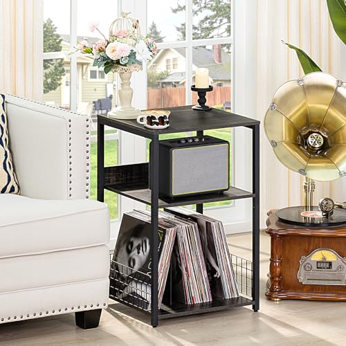 LELELINKY 3 Tier Farmhouse Drak Gray End Table, Large 18" Wide Record Player Tables with Vinyl Storage Shelf, Industrial Turntable Printer Stands, Modern Side Tables for Living Room, Bedroom, Office LELELINKY