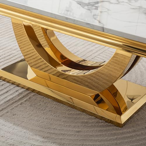 Henf 47" Marble Coffee Table Modern White Faux Marble Center Table with U-Shape Gold Mirrored Base Luxury Rectangular Accent Sofa Table Cocktail Table for Living Room Apartment Henf