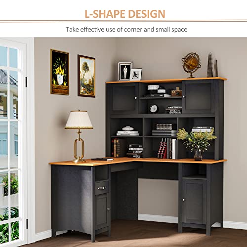 HOMCOM L Shaped Computer Desk with Hutch, 59" Corner Desk, Space Saving Home Office Desk with Storage Shelves, Drawer and Cabinet, Black HOMCOM