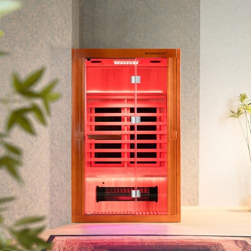 Woodbridge Infrared Home Sauna Room 2 Person Japanese Cedar Indoor Sauna with 7 Carbon Heaters, Red Light Therapy, Bluetooth Speaker, Intelligent Control Panel, Tempered Glass & Top Vent WOODBRIDGE