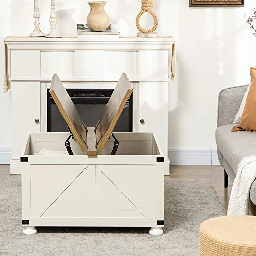 HOMCOM Farmhouse Coffee Table, Square Coffee Table with Storage for Living Room, Center Table with Hinged Flip Lift Top and Hidden Space, Antique White HOMCOM