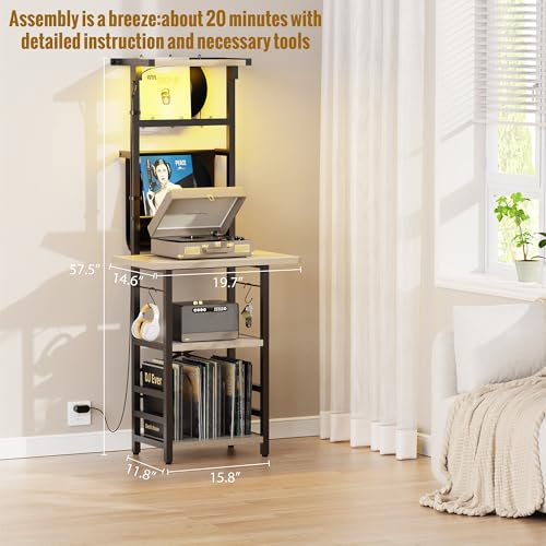 YAKANJ Record Player Stand with Led Light,Record Player Table with Vinyl Storage,Turntable Stand with Record Holder Vinyls Display Shelf for Music Room Studio,Greige YAKANJ