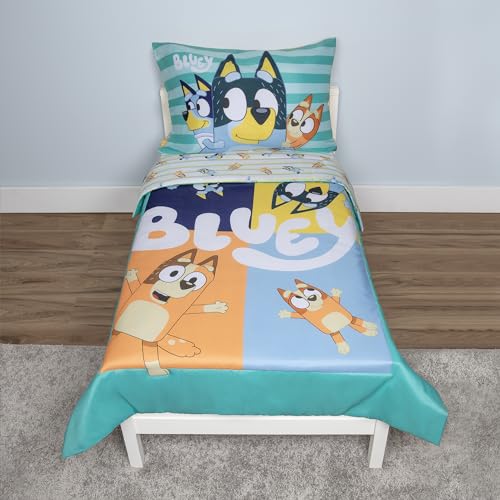 Bluey 4 Piece Toddler Bedding Set – Includes Comforter, Sheet Set – Fitted Top Sheet Reversible Pillowcase for Boys or Girls Bed, Blue Bluey