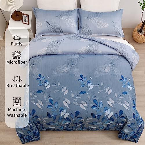 DJY Blue Comforter Set King, Navy Botanical Leaves Comforter for King Bed 3 Pieces Reversible Floral Bed Comforter Sets Soft Microfiber Bedding Set for All Season (104"x90") DJY