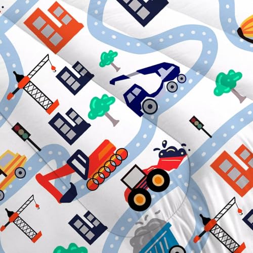 FUYEUN Cartoon Truck Comforter Set Twin: Construction Bedding Set for Boys Kids Children Bedroom Dorm White Cute Cars Quilt 1 Comforter + 1 Pillow Case FUYEUN