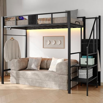 Furniouse Twin Loft Bed with Storage Stairs and Wardrobe, Heavy Duty Loft Bed, RGB LED Bed with USB Port, Outlets and Adjustable