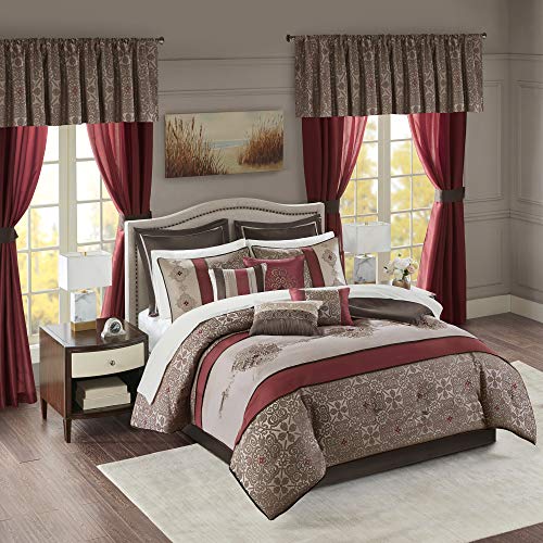 Madison Park Essentials Delaney 24-Piece Room In A Bag Comforter Set-Satin Jacquard, All Season Luxury Bedding, Sheets, decorative pillows and Curtains, Valance, King(104"x92"), Medallion Red Madison Park