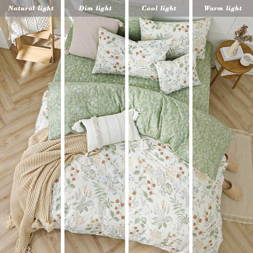 ALEISSEL Natural Cotton 3pcs Botanical Comforter Sets Queen Size-Green Comforter with Red & Blue Flowers,Gray Leaves on Off-White, Reversible Lightweight Bedding Sets(Full/Queen) ALEISSEL
