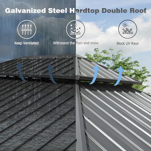 Domi Hardtop Gazebo 10x14FT, Aluminum Outdoor Gazebo with Galvanized Steel Double Roof Canopy, Curtains and Netting Included, Metal Gazebo Permanent Pavilion for Patio, Lawn, Garden, Gray domi outdoor living