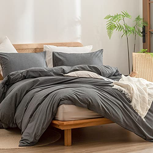 BESTOUCH Duvet Cover Set 100% Washed Cotton Linen Feel Super Soft Comfortable Chic Lightweight 2 PCs Home Bedding Set Solid Dark Grey Twin/Twin XL BESTOUCH