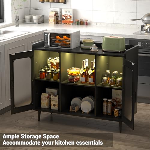 iSunirm Wine Bar Cabinet with Power Outlet, Liquor Cabinet Bar with LED Light and Glass Holder, Home Coffee Bar Cabinet, Buffet Sideboard with Storage Shelf for Kitchen, Dining Room, Black iSunirm