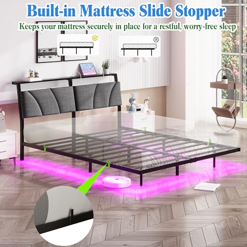 Floating Queen Bed Frame with Storage Headboard Charging Station and Led Lights,Platform Bed Frame Queen Size with Upholstered Headboard,No Box Spring Needed,Heavy Duty Meal Slats Support,No Noise SOLACECASA