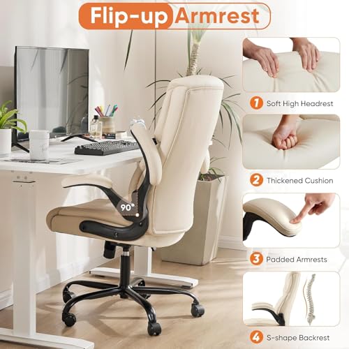 Sweetcrispy Ergonomic Office Chair Heavy Duty Task Desk Chair with Flip-up Arms, PU Leather, Adjustable Swivel Rolling Chair with Wheels, Beige Sweetcrispy