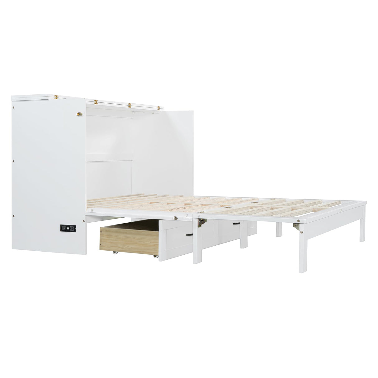 P PURLOVE Queen Murphy Bed with Large Drawers, Wood Cabinet Bed with USB Port, No Box Spring Needed, Easy Assembly (White) P PURLOVE